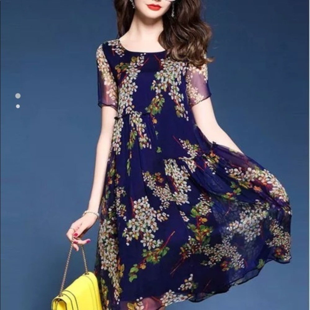 NEW Floral Asymmetrical Ruffle Dress Navy Med